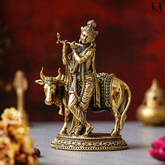 Brass Lord Krishna Idol With Cow For Puja and Home Decor
