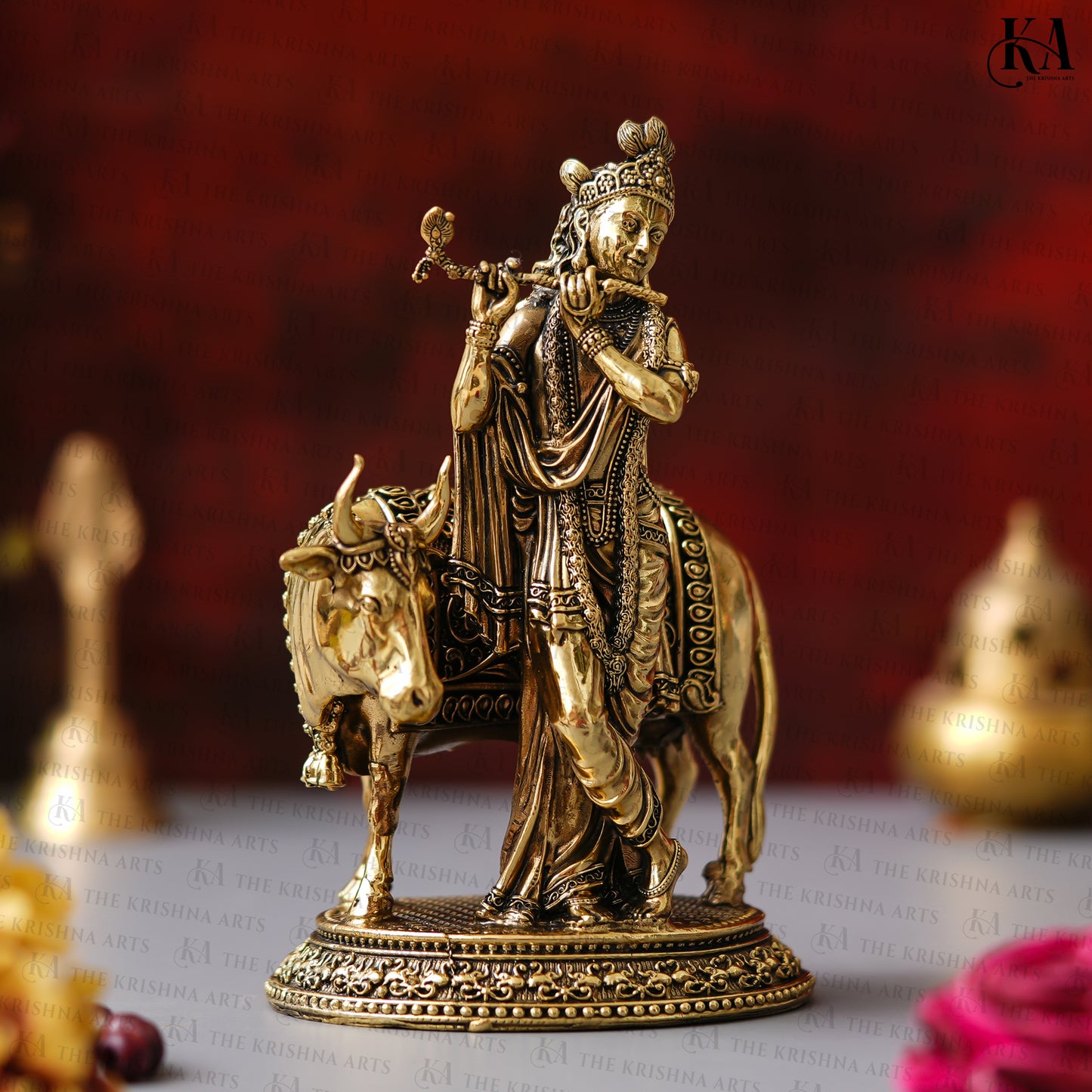 Brass Lord Krishna Idol With Cow For Puja and Home Decor