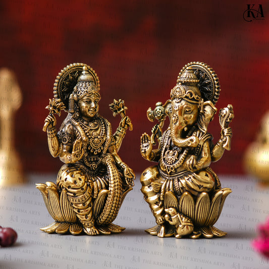 Pure Brass Lakshmi Ganesh Idol Set for Puja, Home & Car Decor