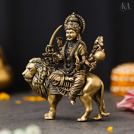 Pure Brass Durga Mata Idol Sitting on Her Lion