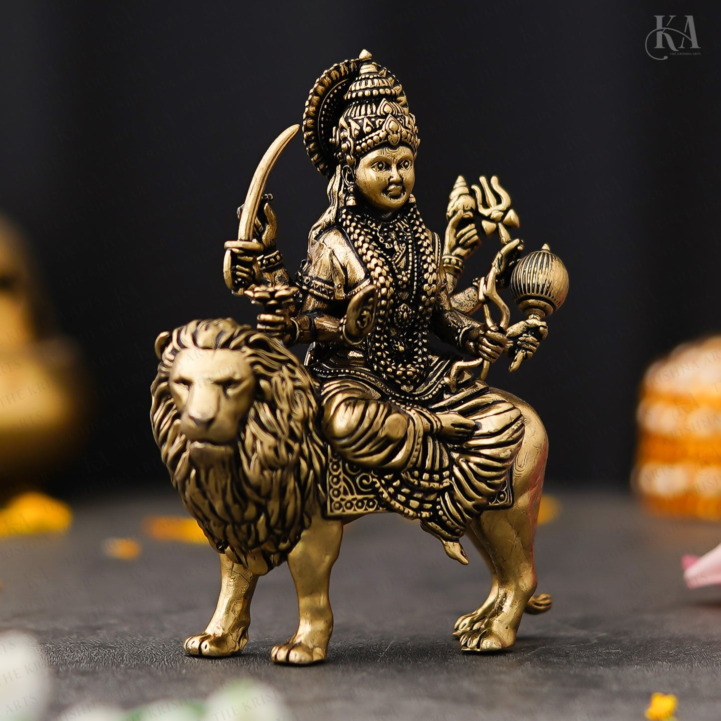 Pure Brass Durga Mata Idol Sitting on Her Lion