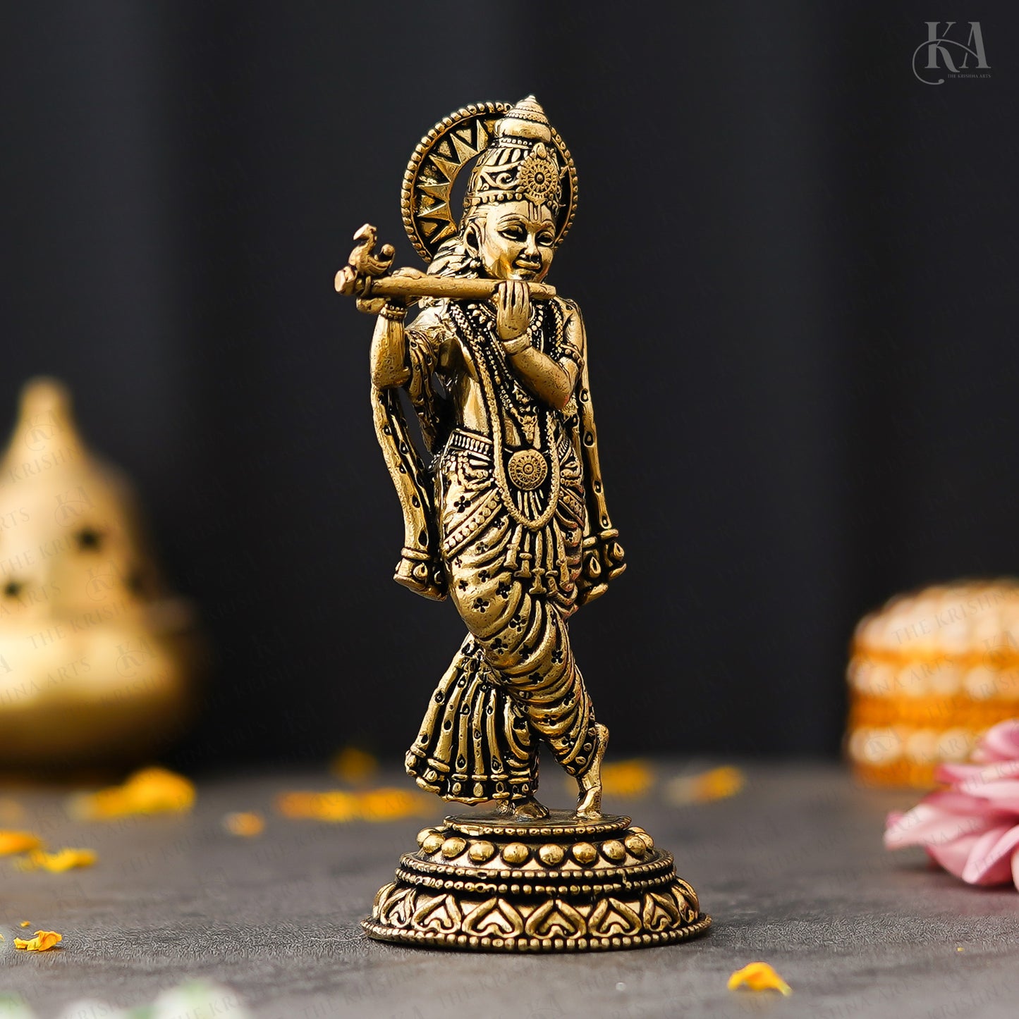 Brass Playing Flute Krishna Idol For Home and Puja