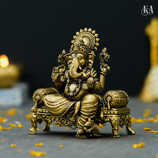 Pure Brass Lord Ganesha Idol Sitting on Throne
