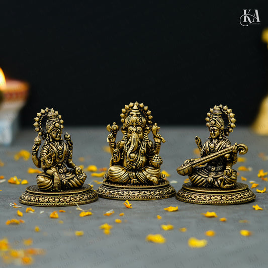 Pure Brass Ganesh Lakshmi Saraswati Idol Set for Daily Puja and Home Decor