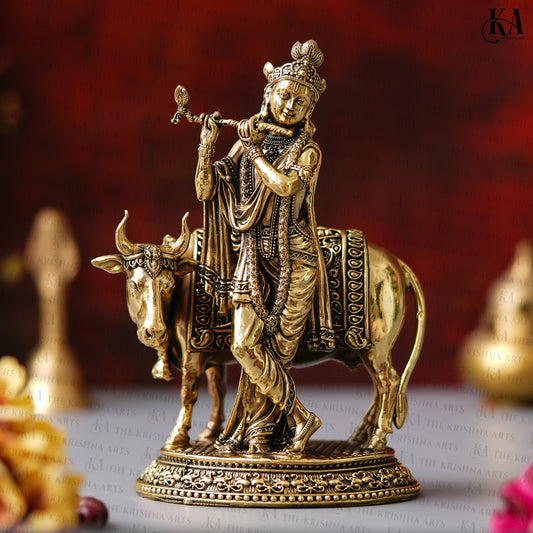 Brass Lord Krishna Idol With Cow For Puja and Home Decor