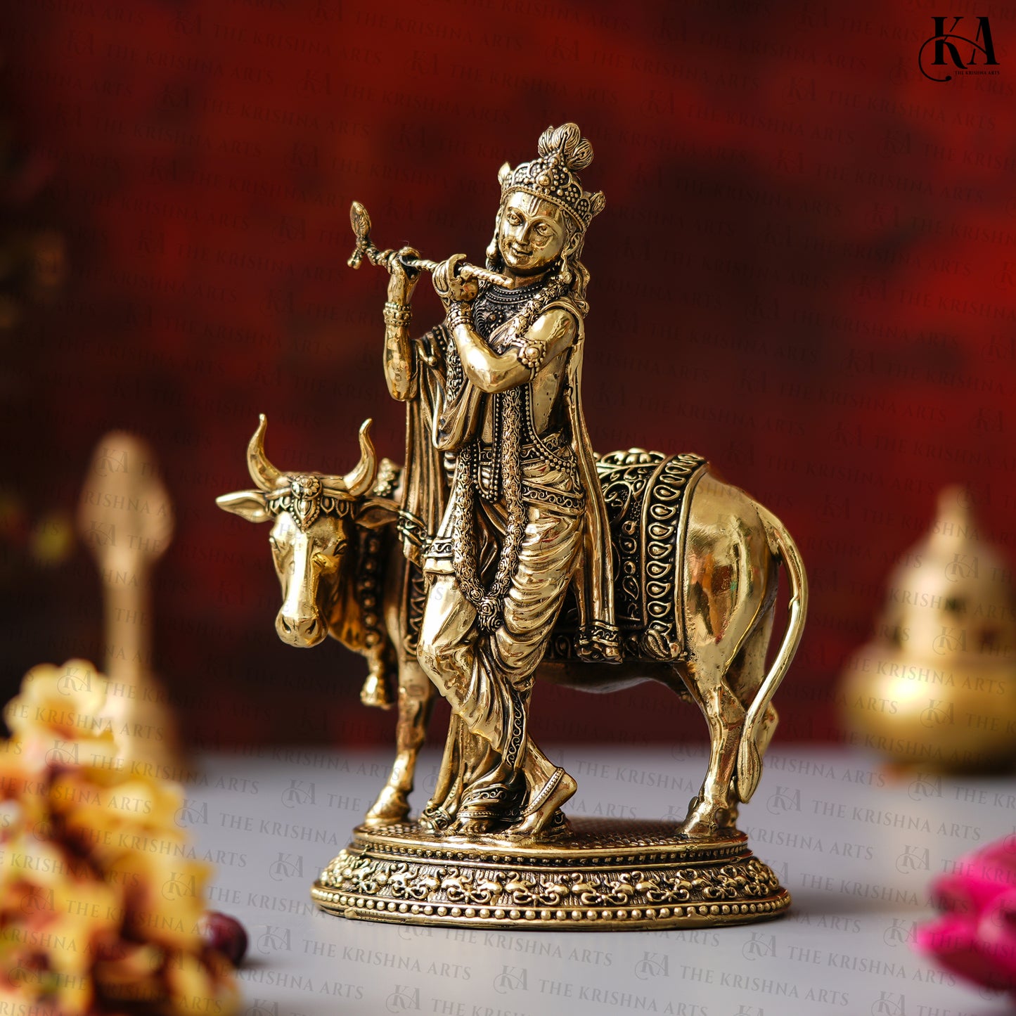 Brass Lord Krishna Idol With Cow For Puja and Home Decor