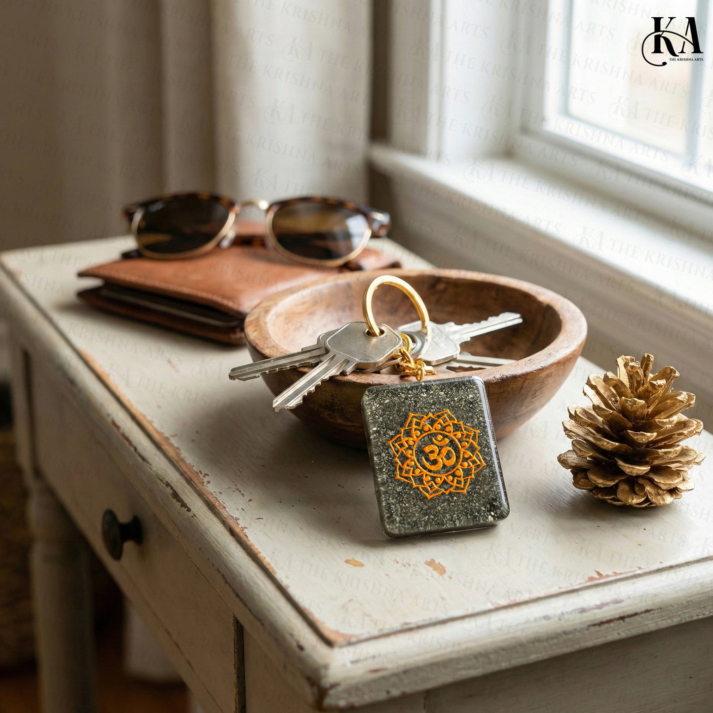 Om Pyrite Stone Keychain