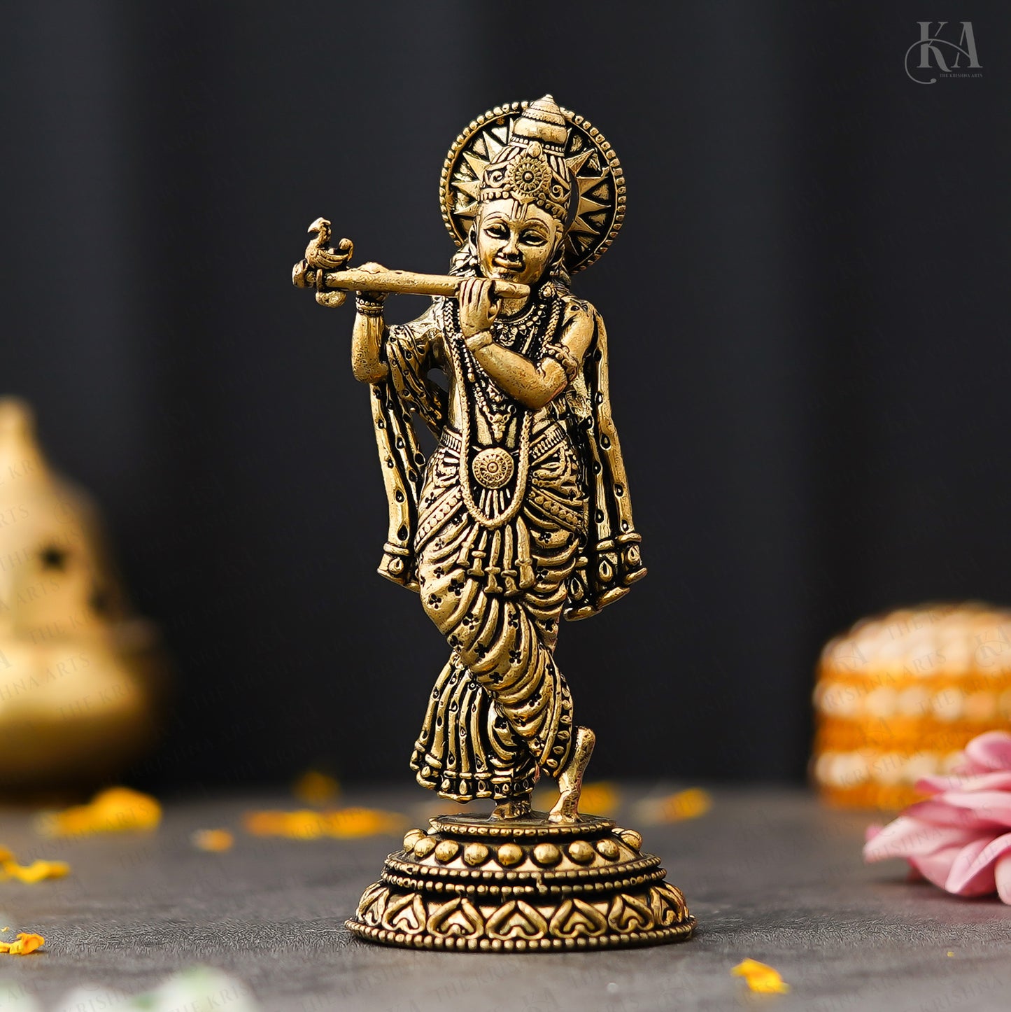 Brass Playing Flute Krishna Idol For Home and Puja