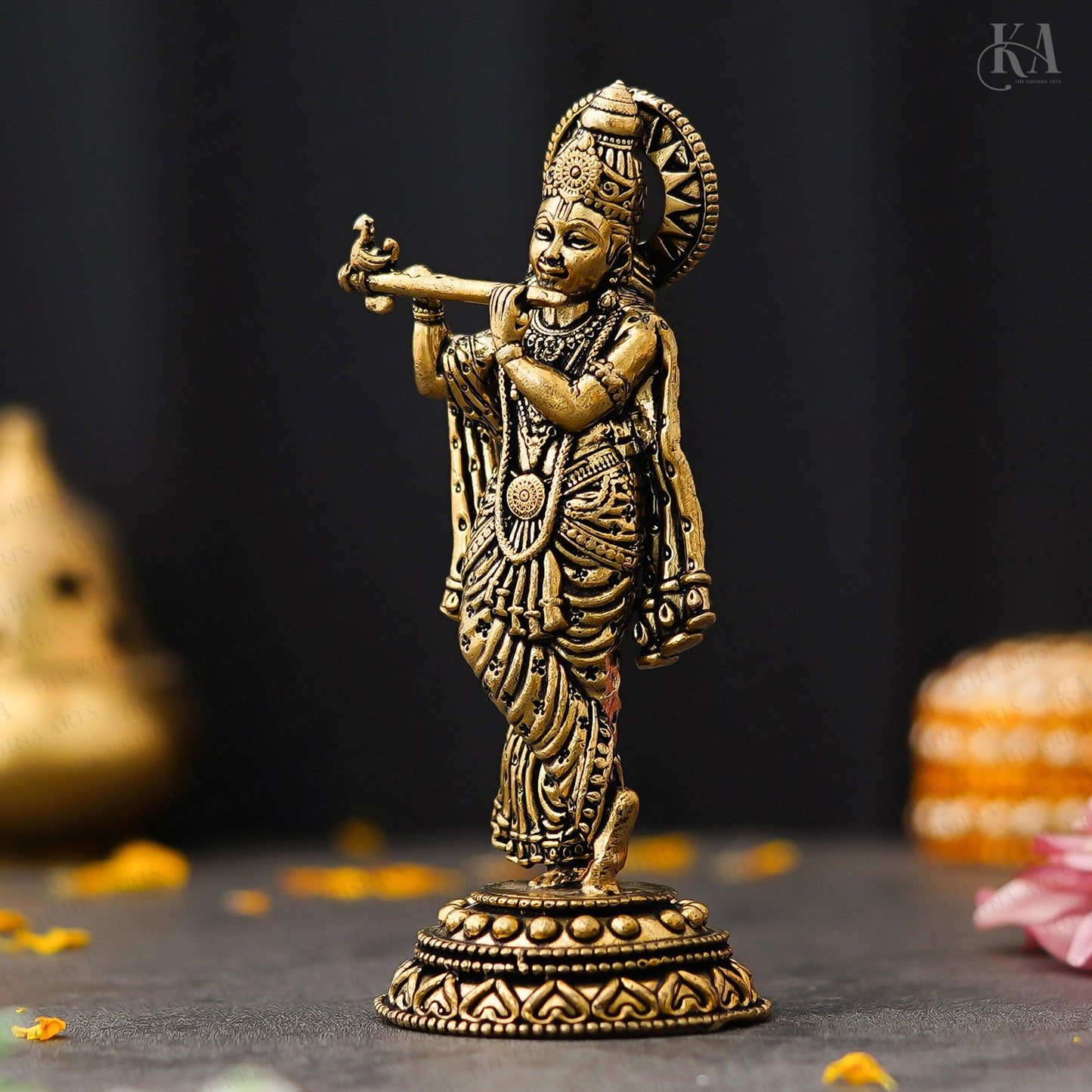 Brass Playing Flute Krishna Idol For Home and Puja