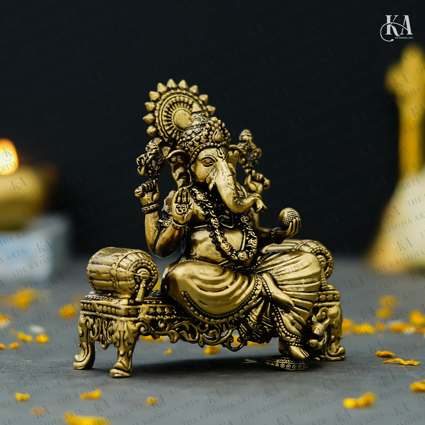 Pure Brass Lord Ganesha Idol Sitting on Throne