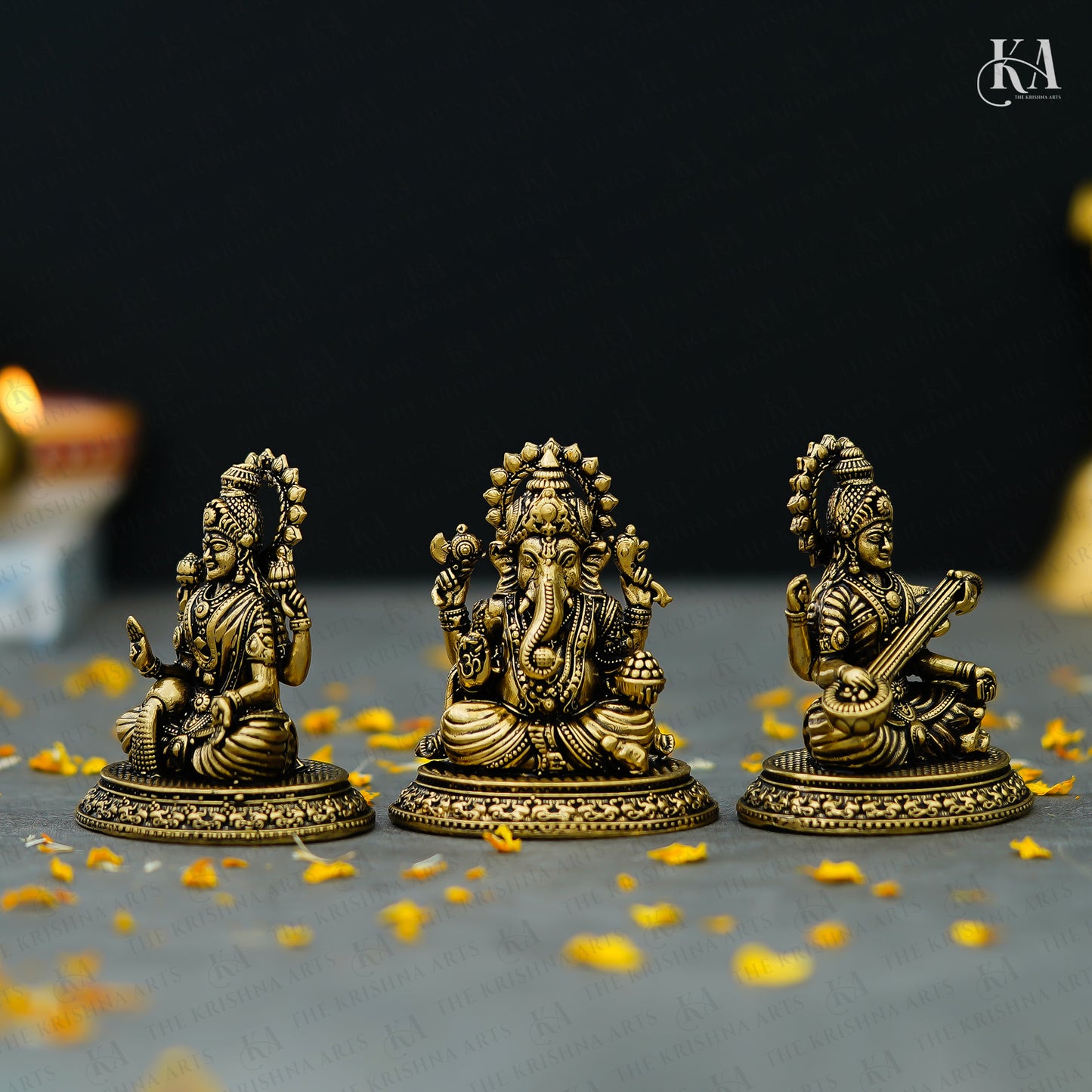 Pure Brass Ganesh Lakshmi Saraswati Idol Set for Daily Puja and Home Decor