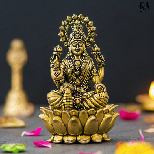 Pure Brass Goddess Lakshmi Idol Sitting on Lotus