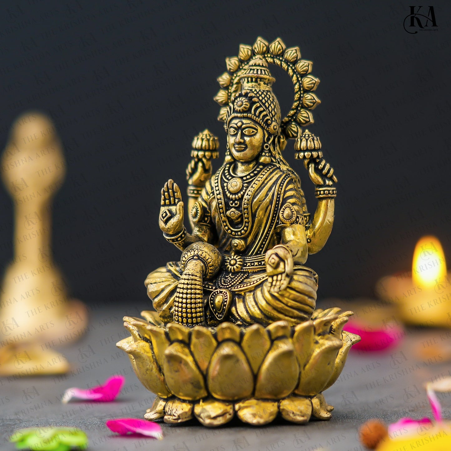 Pure Brass Goddess Lakshmi Idol Sitting on Lotus