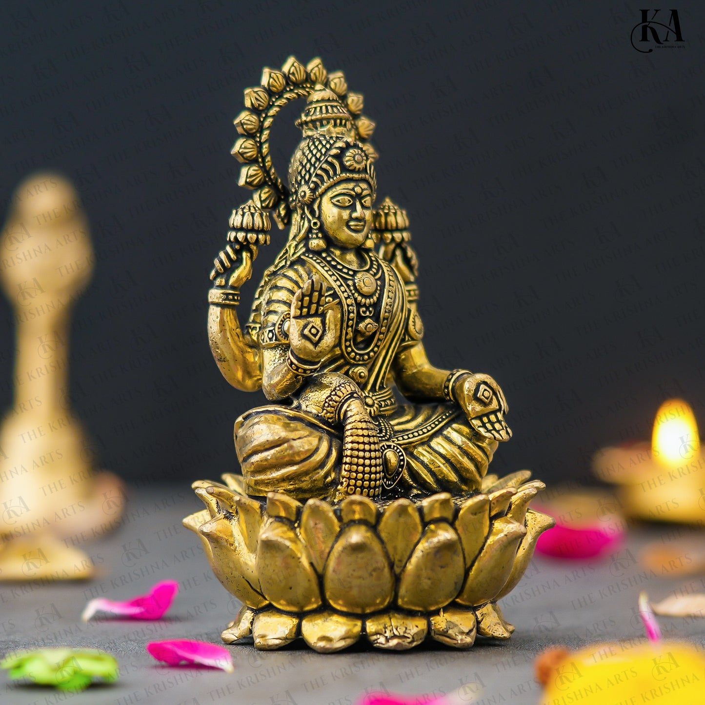 Pure Brass Goddess Lakshmi Idol Sitting on Lotus